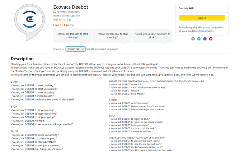 Alexa voice commands for the Ecovacs Deebot robots.